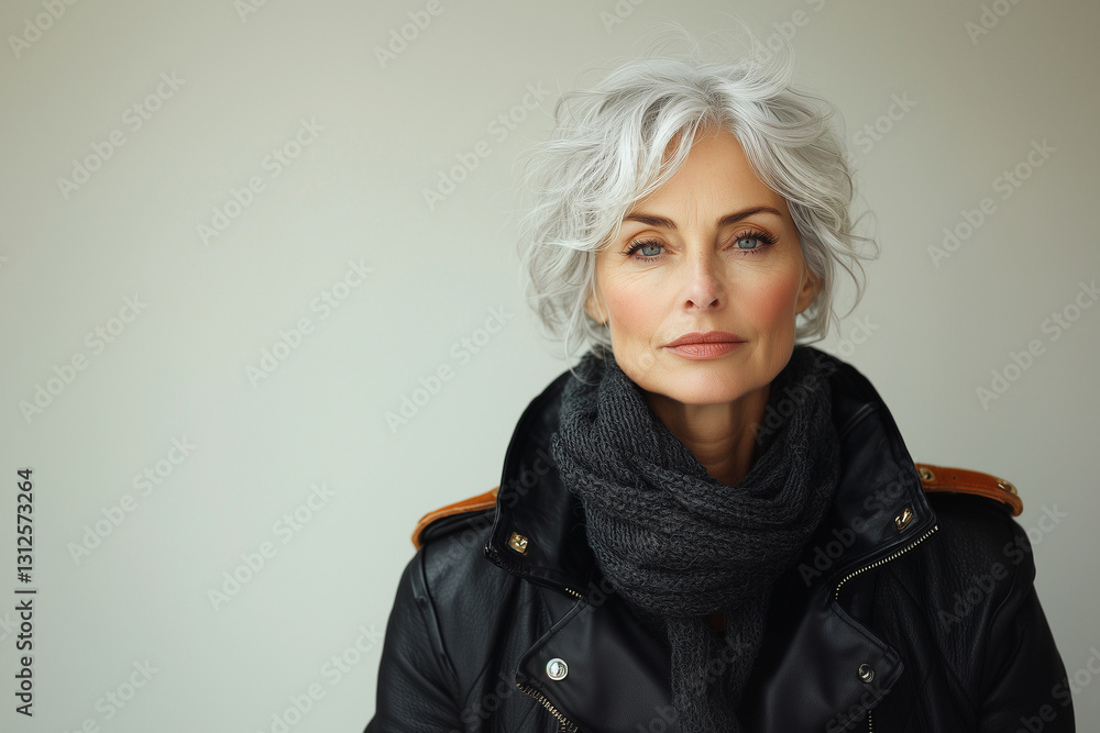 An elderly woman with short gray hair, expressive eyes and well-groomed skin wearing a coat and scarf. A face that holds memories and experiences. Support for older women in a professional environment An elderly woman with short gray hair, expressive eyes and well-groomed skin wearing a coat and scarf. A face that holds memories and experiences. Support for older women in a professional environment