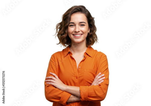 Wallpaper Mural A young woman with short wavy brown hair wearing an orange shirt isolated stands with her arms crossed on transparent background Torontodigital.ca