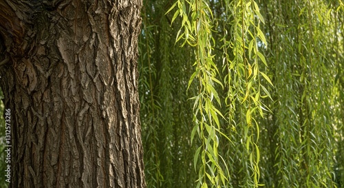Weeping Willow Tree with Cascading Green Leaves and Textured Bark