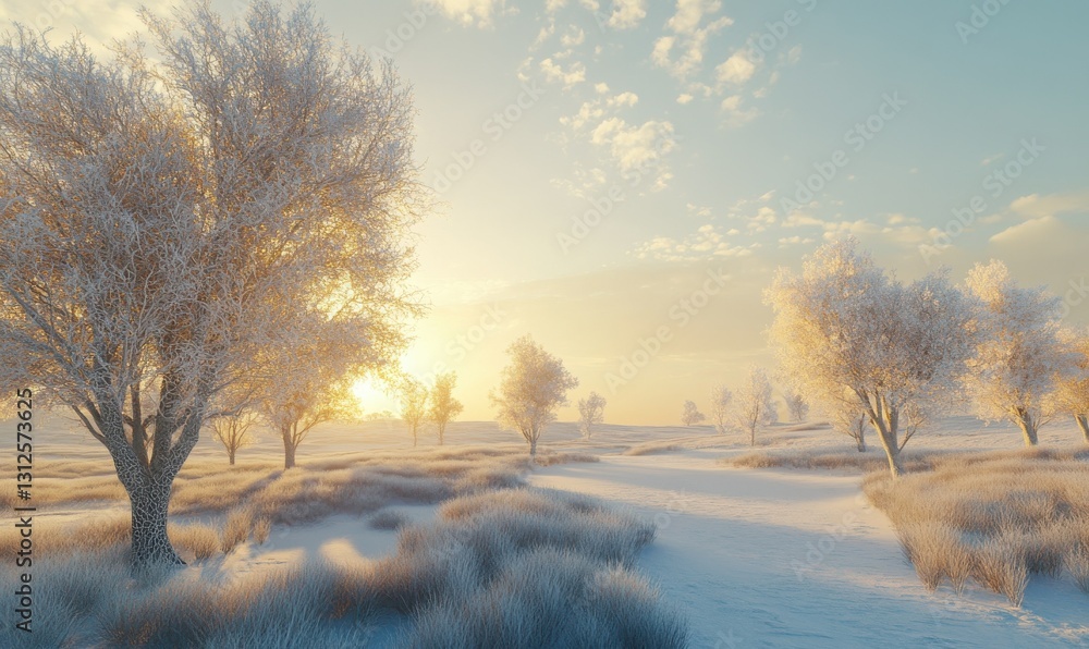 Serene glowing winter landscape with frosted trees and a soft golden horizon, creating a peaceful and magical atmosphere Serene glowing winter landscape with frosted trees and a soft golden horizon, creating a peaceful and magical atmosphere