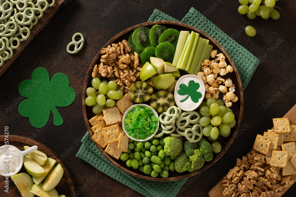 St Patricks day charcuterie board decorated shamrock and clover leaf on brown background. View from above. Festive holiday appetizer for celebration.