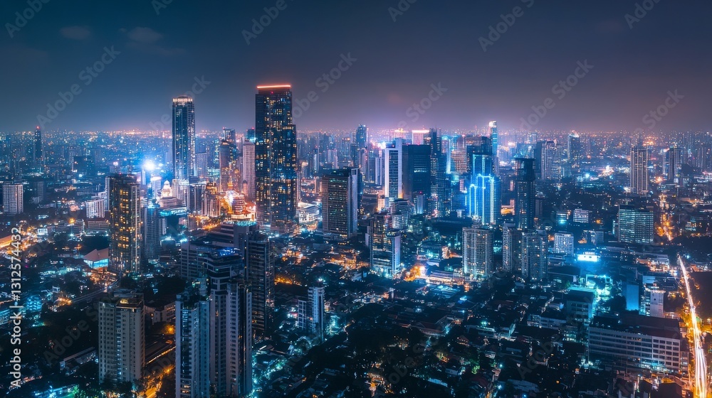 Illuminated city skyline during a vivid blue night Illuminated city skyline during a vivid blue night