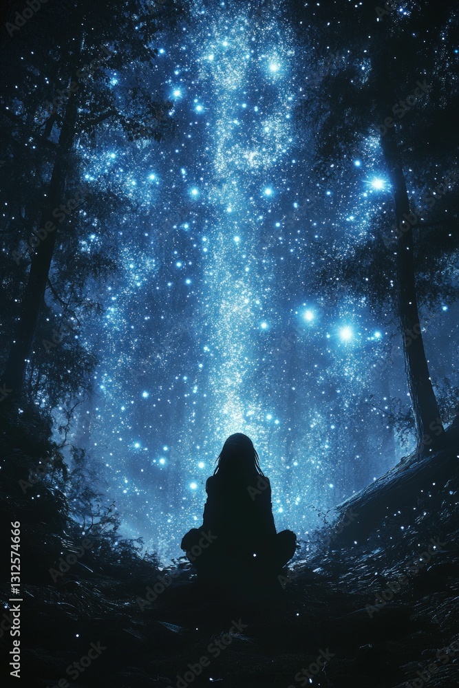 Fototapeta premium Silhouetted figure meditates beneath a celestial forest canopy.