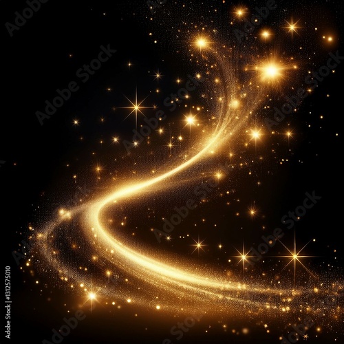 Golden sparkly burst, radiant stardust explosion, shimmering spray effect, festive holiday glitter particles scattered against a dark backdrop.