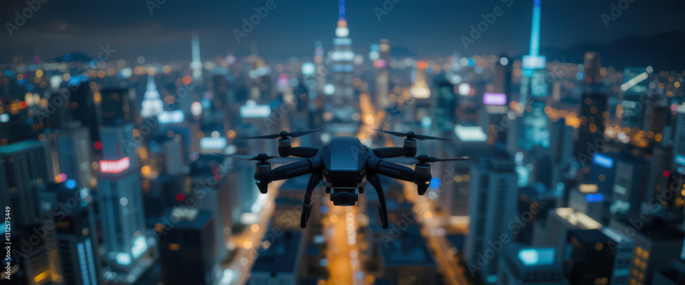 Obraz premium A drone flying over a city at night.