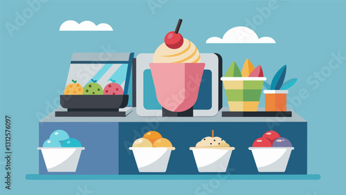 The Frozen Yogurt Parfait Station invites you to get creative with your dessert allowing you to mix and match flavors and toppings to your hearts. Vector illustration