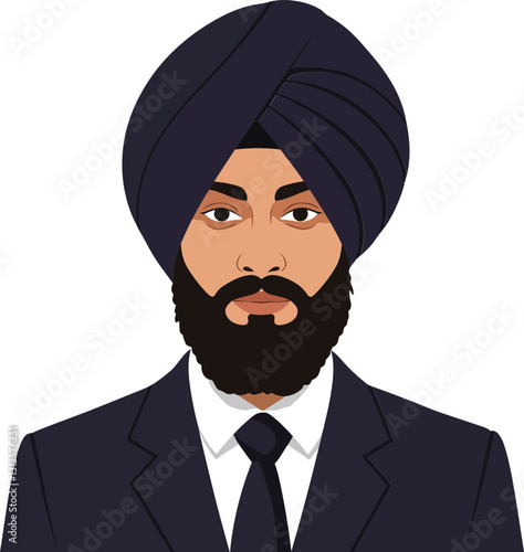 Professional man in a dark suit wearing a turban and a beard in flat vector illustration