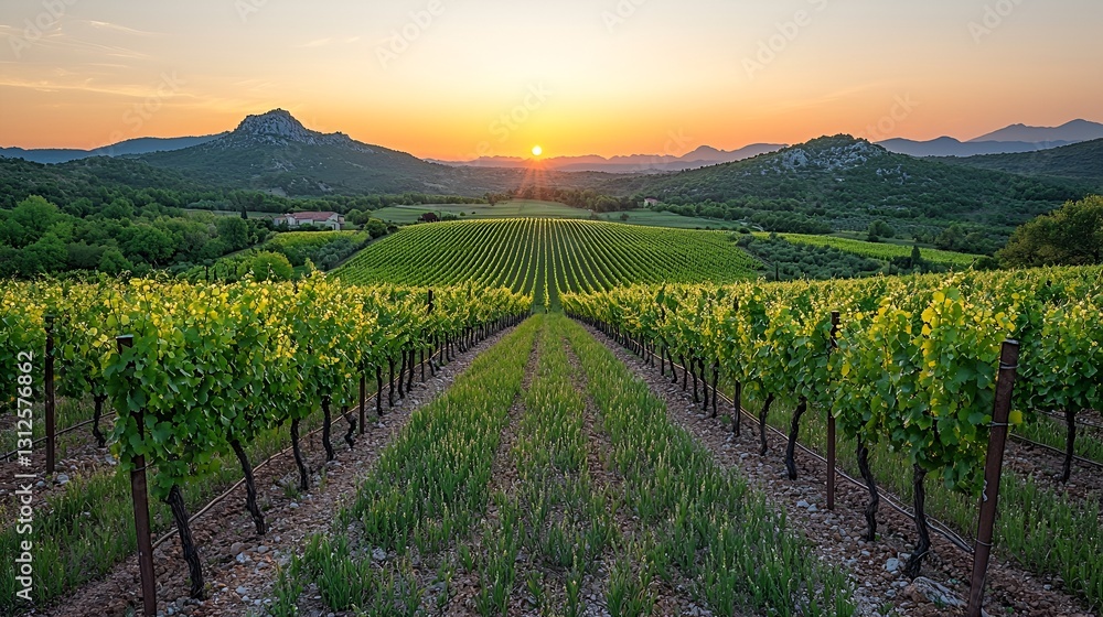 Fototapeta premium Vineyard rows at sunset, hills background