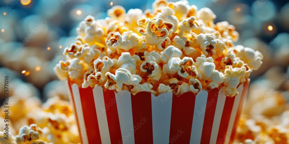 Freshly popped popcorn served in a classic red and white striped bucket at a cinema during a movie night Freshly popped popcorn served in a classic red and white striped bucket at a cinema during a movie night