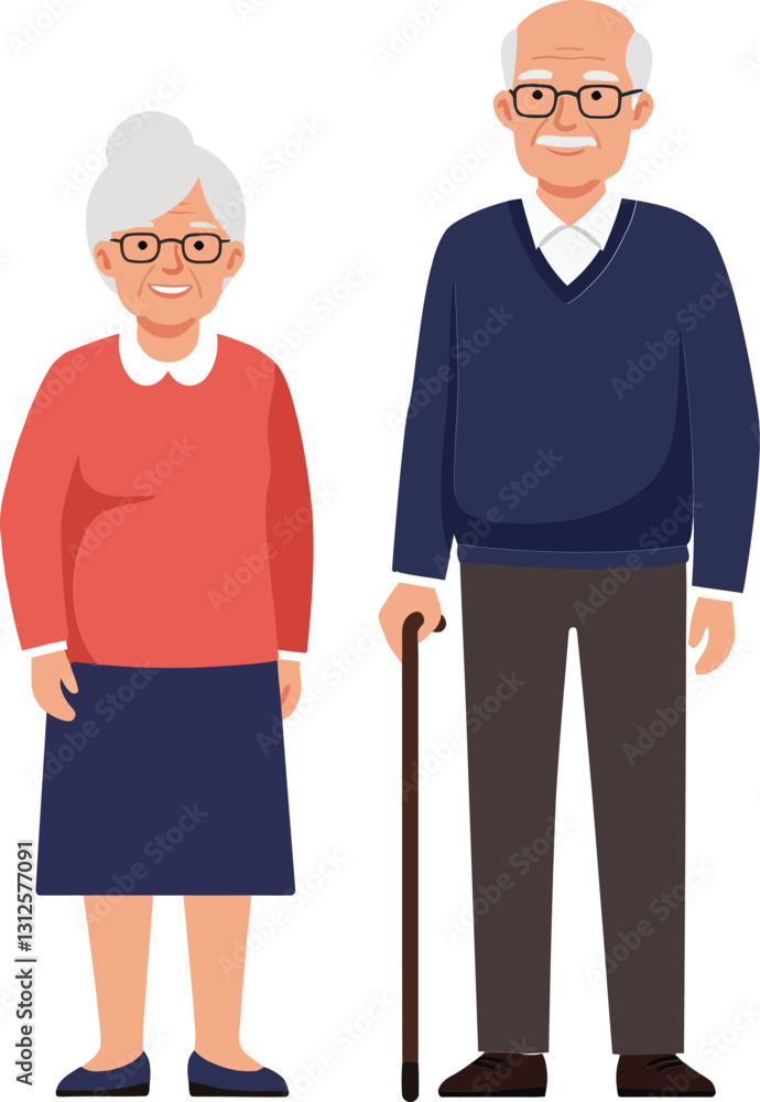 Elderly couple in casual clothing standing together, smiling warmly in a flat vector illustration, showcasing companionship and joy in their golden years Elderly couple in casual clothing standing together, smiling warmly in a flat vector illustration, showcasing companionship and joy in their golden years