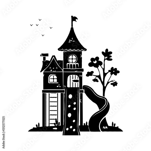Black silhouette illustration of a whimsical treehouse with a slide, a tree, and birds in the background. Playful and creative concept. Concept of childhood playhouse