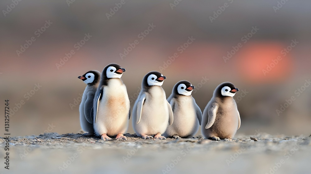 Obraz premium Five Adorable Baby Penguins Standing Together on a Sandy Beach at Sunset
