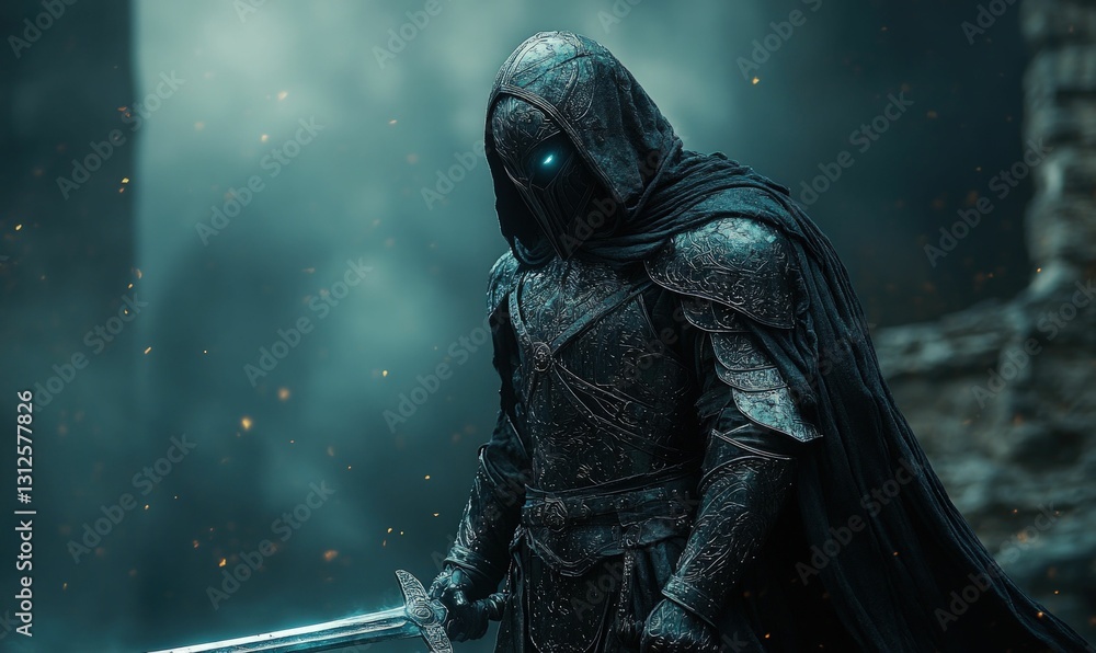 Fototapeta premium Dark knight mysterious hooded figure sword