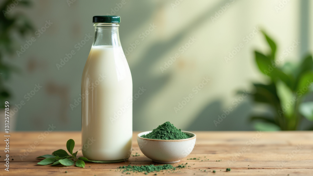 Glass bottle of milk on wooden surface with bowl of matcha green tea powder next to it. Glass bottle of milk on wooden surface with bowl of matcha green tea powder next to it.