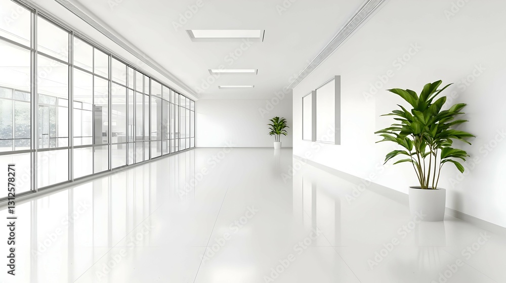 Obraz premium Bright White Minimalist Office Hallway with Potted Plants