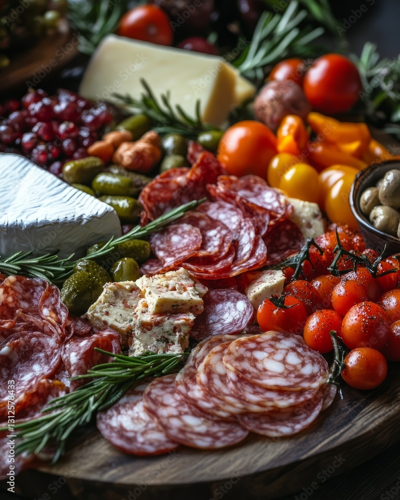 Rustic Italian antipasto platter highlighted in warm lighting Rustic Italian antipasto platter highlighted in warm lighting