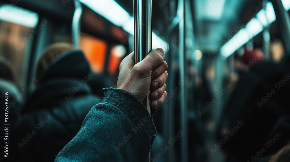 Obraz premium Close-Up of Hand Holding Subway Pole in Crowded Train Car