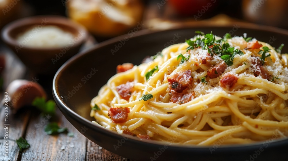 Cinematic Shot of Classic Carbonara with Rich Savory Details Rustic Setting Cinematic Shot of Classic Carbonara with Rich Savory Details Rustic Setting