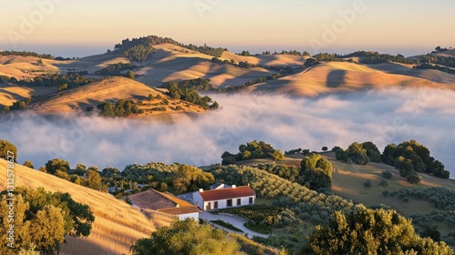Wallpaper Mural Sunrise over rolling hills, fog-covered valley, farm house Torontodigital.ca