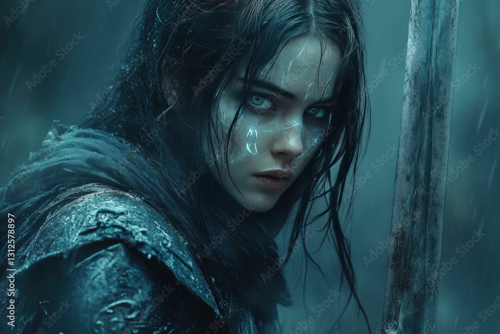 Warrior woman, rain, sword, determined gaze, teal tones Warrior woman, rain, sword, determined gaze, teal tones