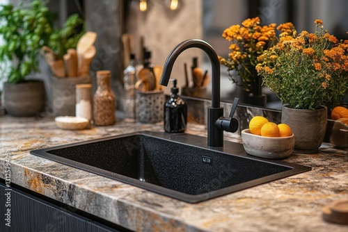 A sleek black undermount sink enhances a modern kitchen with textured countertops, surrounded by fresh flowers and kitchen accessories