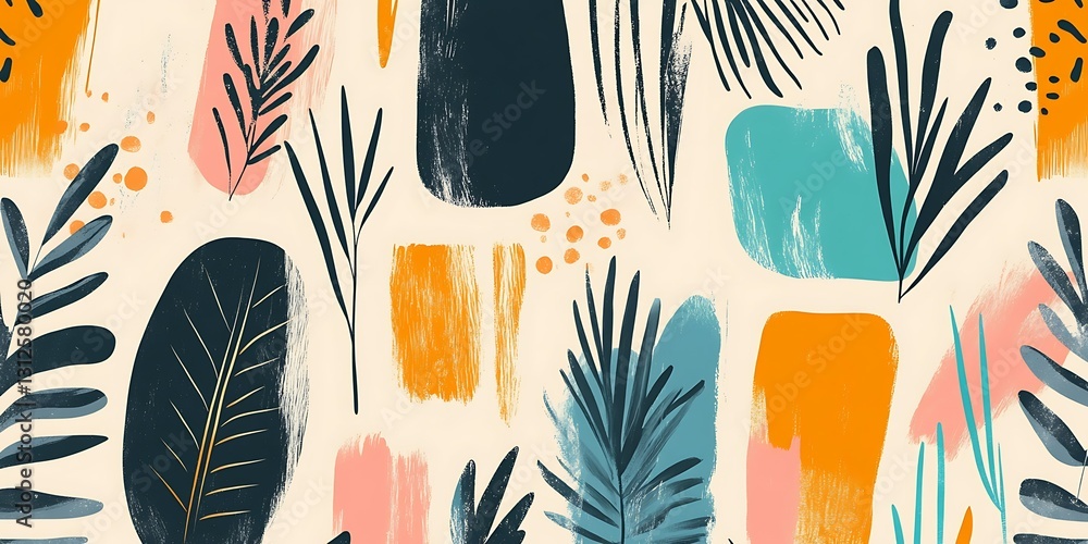 Fototapeta premium Abstract art featuring stylized foliage and brushstrokes in vibrant, warm colors against a creamy backdrop