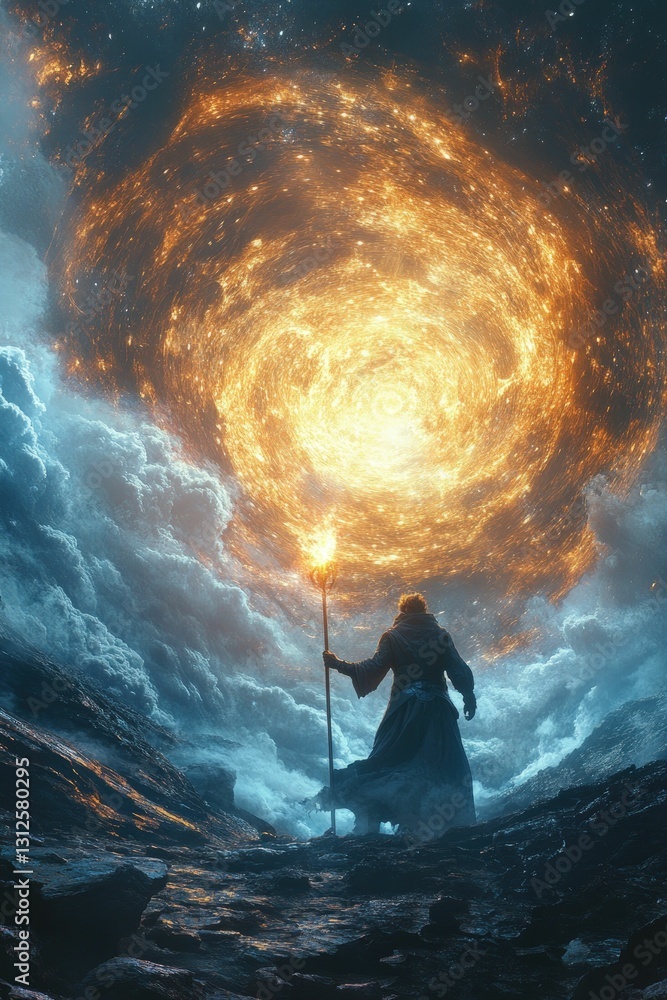 Obraz premium Mystical figure witnesses swirling cosmic energy.