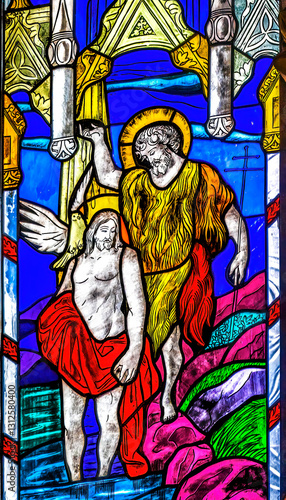 Obraz na płótnie Colorful Baptism Stained Glass Basilica St Joseph Cathedral Tian w salonie