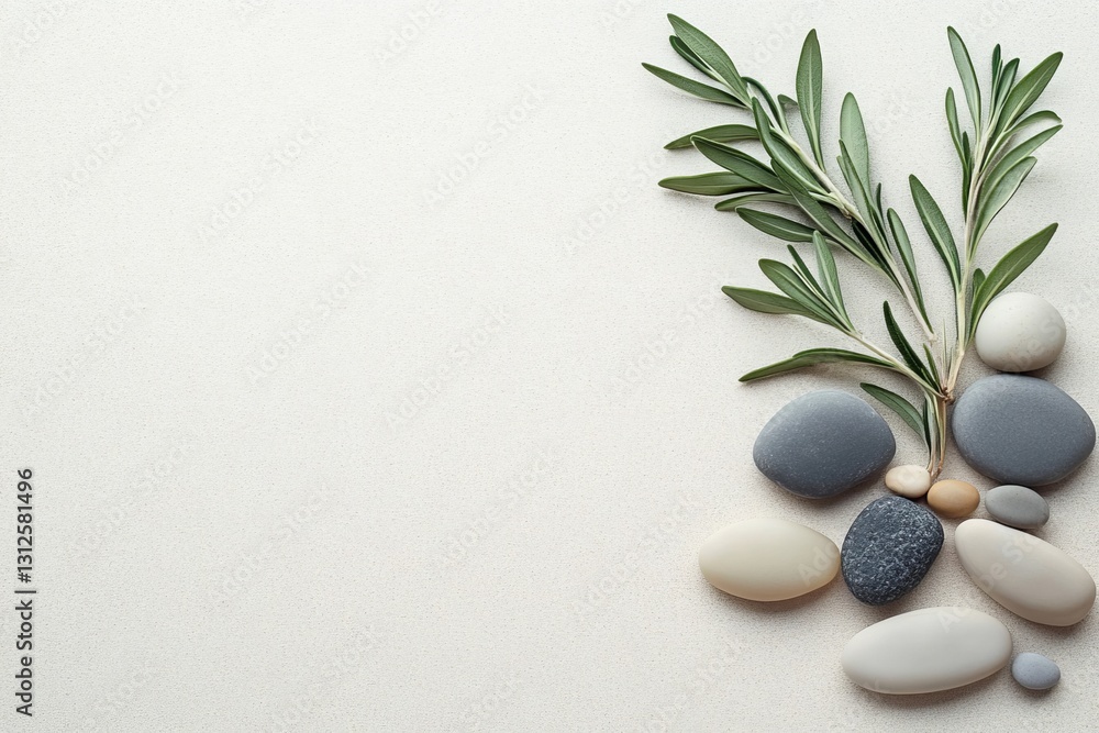 Rosemary and Stones Flatlay Composition of Grey and Beige Stones with Green Sprig, Minimalist Design, Spa, Wellness Spa, Aromatherapy Rosemary and Stones Flatlay Composition of Grey and Beige Stones with Green Sprig, Minimalist Design, Spa, Wellness Spa, Aromatherapy