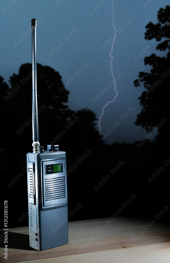 Lightning bolt hitting the trees behind a CB radio walkie-talkie