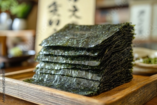 Crisp nori seaweed sheets are arranged neatly in a wooden tray, showcasing their glossy texture against a traditional backdrop