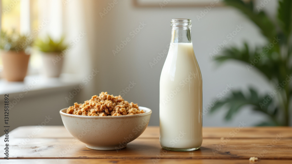 This image depicts a glass bottle filled with white liquid placed next to a bowl of granola or cereal on a wooden surface. There is natural light illuminating the scene. This image depicts a glass bottle filled with white liquid placed next to a bowl of granola or cereal on a wooden surface. There is natural light illuminating the scene.