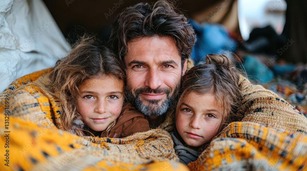 Father shields his children from harsh realities during migration crisis on cold floor Father shields his children from harsh realities during migration crisis on cold floor