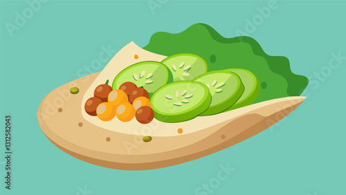 Wholegrain pita bread with hummus cucumber slices and roasted chickpeas for a satisfying and nutrientrich snack.. Vector illustration