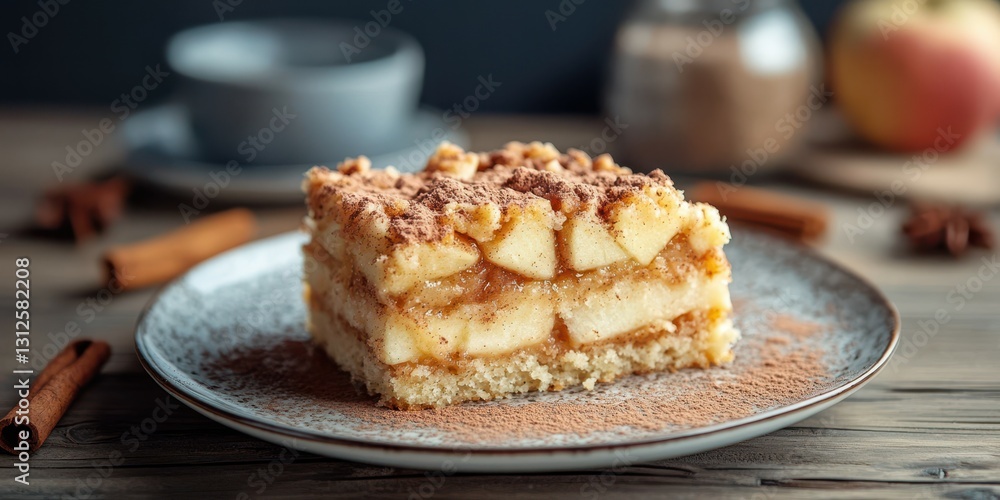 Delicious apple dessert served on a plate with cinnamon and warm spices in a cozy kitchen setting Delicious apple dessert served on a plate with cinnamon and warm spices in a cozy kitchen setting