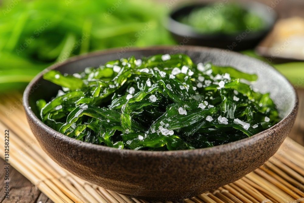 Crispy roasted seaweed snacks sit in a black bowl on a bamboo mat, complemented by fresh green vegetables nearby, creating an appetizing display