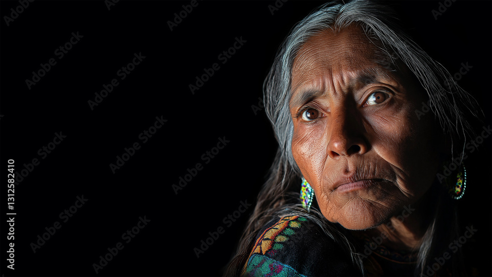 Fototapeta premium Close up portrait of mature indigenous Mexican woman in traditional dress and headscarf, intense gaze and textured features. Isolated on black background. Copy space, aspect ratio 16:9