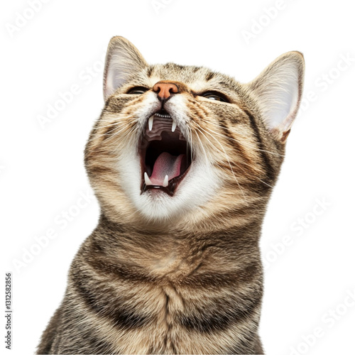Tabby cat yelling loudly mouth open showing teeth angry feline expression