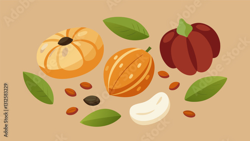 This nut and seed sampler is a treasure trove of textures with creamy macadamia nuts crunchy pumpkin seeds chewy dried cranberries and nutty sunflower. Vector illustration