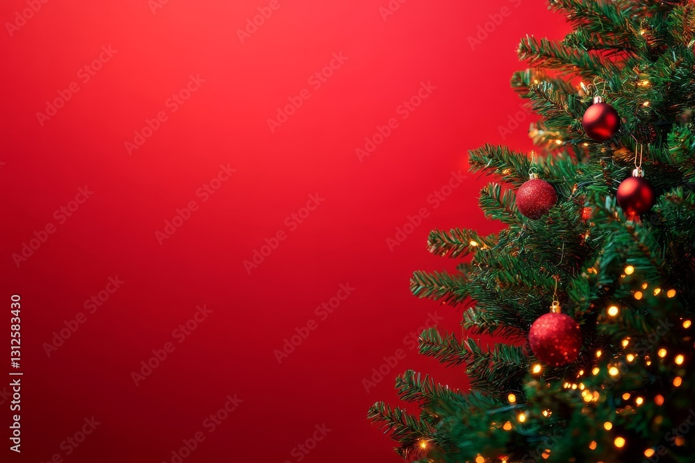 Red Background Christmas Tree with Ornaments, Festive Composition, Holiday Decor, Christmas Lights Christmas, Holiday Red Background Christmas Tree with Ornaments, Festive Composition, Holiday Decor, Christmas Lights Christmas, Holiday
