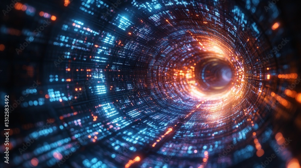 Glowing digital tunnel swirling light data stream Glowing digital tunnel swirling light data stream