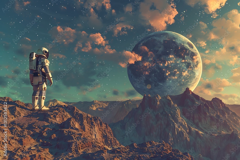 Obraz premium A space explorer on a distant planet, collecting samples and studying alien terrain with advanced scientific equipment