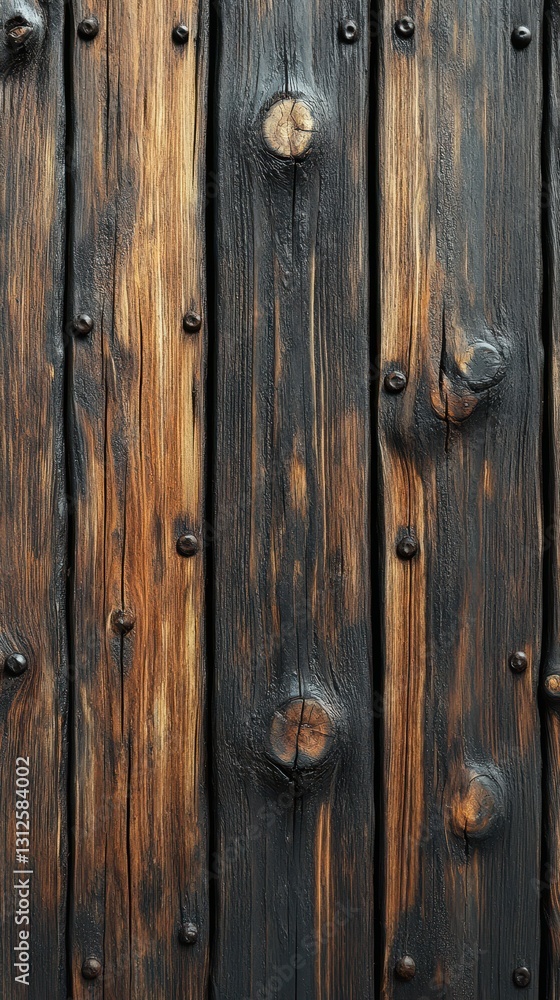 Wooden planks with rustic textures and deep color variations observed in a well-maintained structure Wooden planks with rustic textures and deep color variations observed in a well-maintained structure