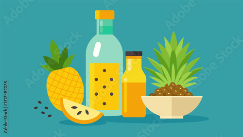 The unique flavors of a pineapple and sage soda pair well with a mix of crunchy sesame seeds almonds and raisins.. Vector illustration