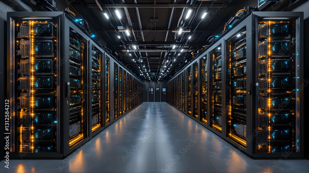 Rows of Glowing Servers in a Modern Data Center