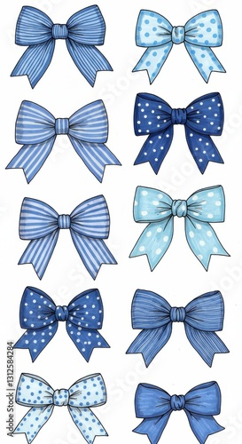 Eight Blue Bows with Stripes and Polka Dots on White Background