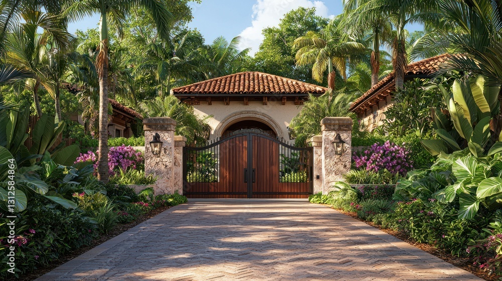 Exotic gate entrance with lush tropical vegetation and tiled roof in sunlight Exotic gate entrance with lush tropical vegetation and tiled roof in sunlight