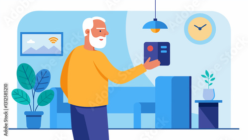 An elderly man using a smart thermostat to adjust the temperature in his home based on his preferences and weather.. Vector illustration