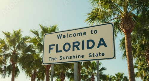 Welcome to Florida Sign with Palm Trees on Sunny Day