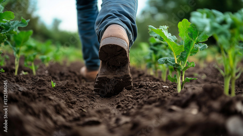 farmer walking on field mud , shoe shot angle